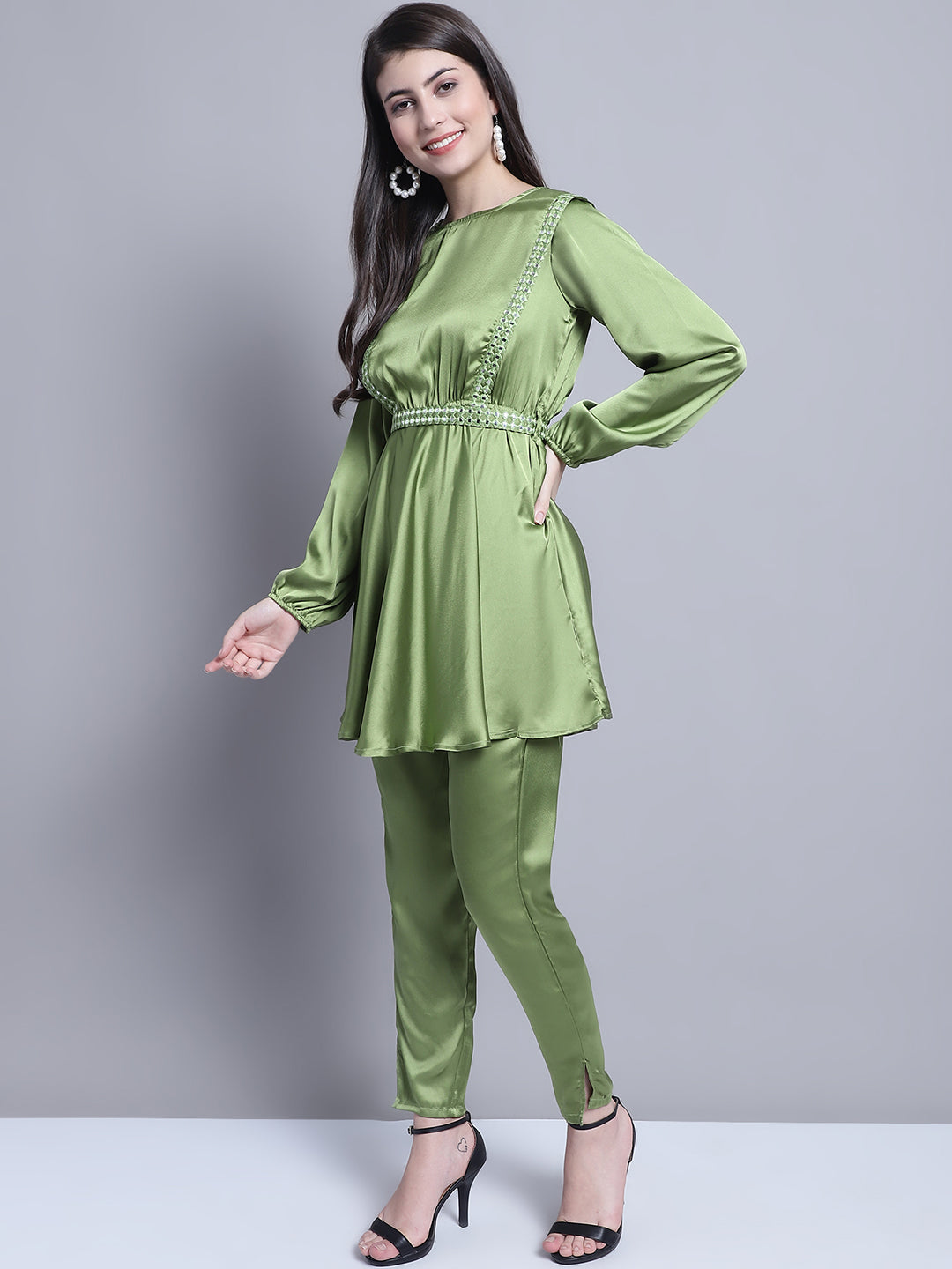 Jainish Women's WoEmbroidered A-line Top and Trouser With Belt - Green | Grocsy
