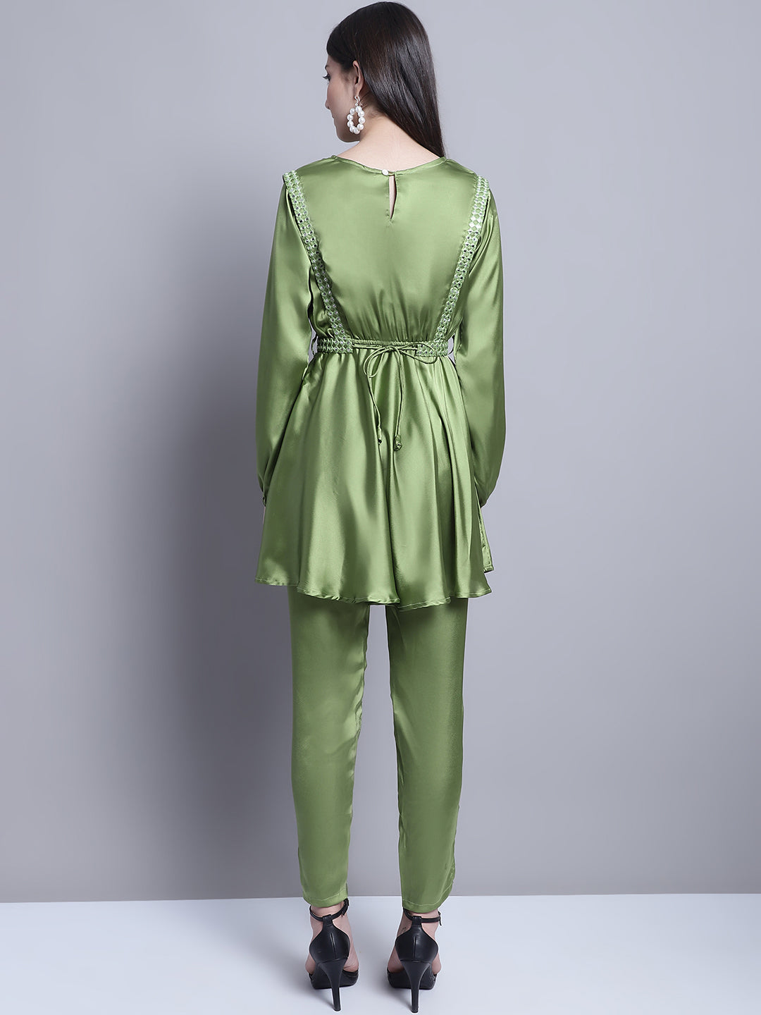 Jainish Women's WoEmbroidered A-line Top and Trouser With Belt - Green | Grocsy