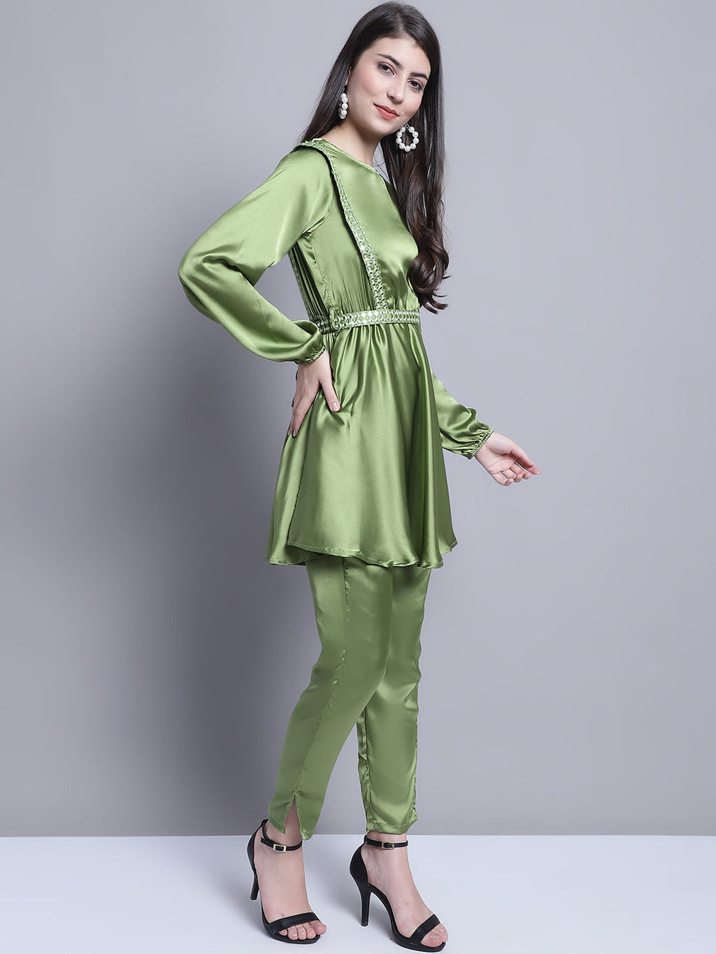 Jainish Women's WoEmbroidered A-line Top and Trouser With Belt - Green | Grocsy