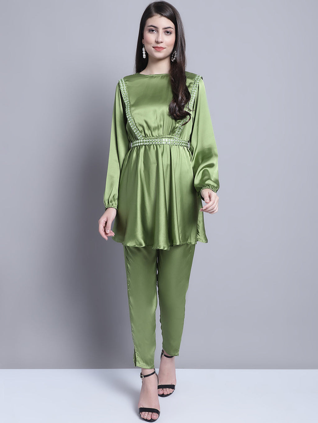 Jainish Women's WoEmbroidered A-line Top and Trouser With Belt - Green | Grocsy