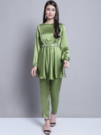 Jainish Women's WoEmbroidered A-line Top and Trouser With Belt - Green | Grocsy