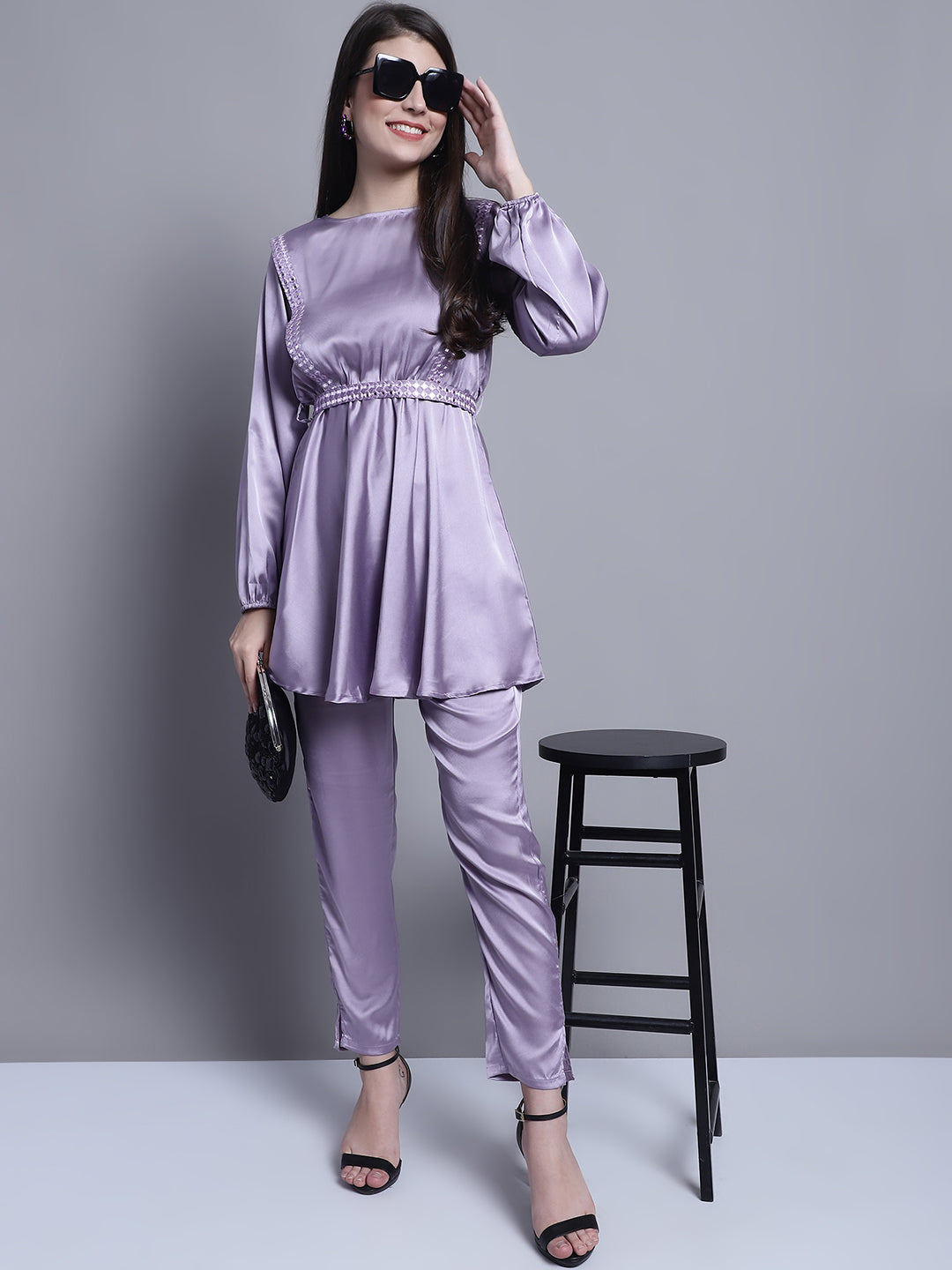 Jainish Women's WoEmbroidered A-line Top and Trouser With Belt - Purple | Grocsy