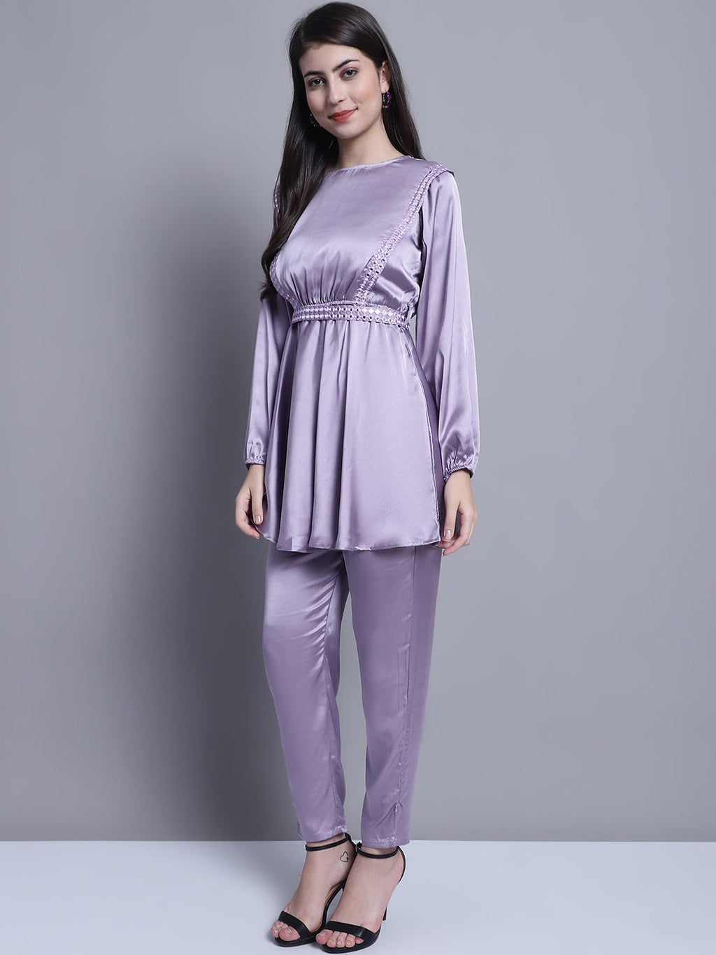 Jainish Women's WoEmbroidered A-line Top and Trouser With Belt - Purple | Grocsy