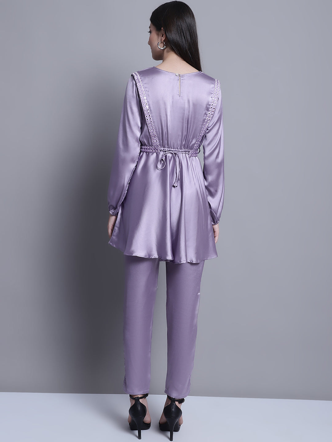 Jainish Women's WoEmbroidered A-line Top and Trouser With Belt - Purple | Grocsy