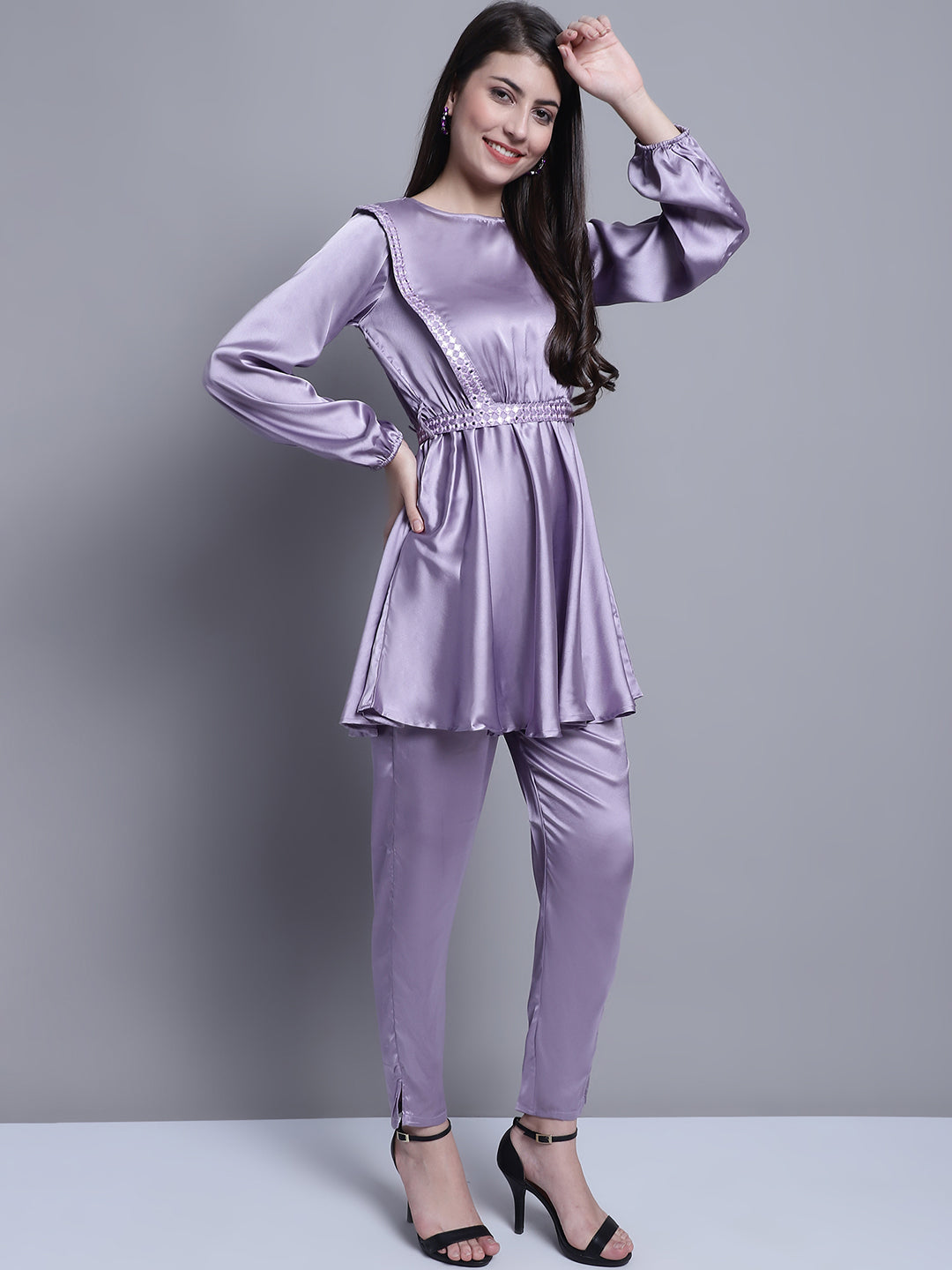 Jainish Women's WoEmbroidered A-line Top and Trouser With Belt - Purple | Grocsy