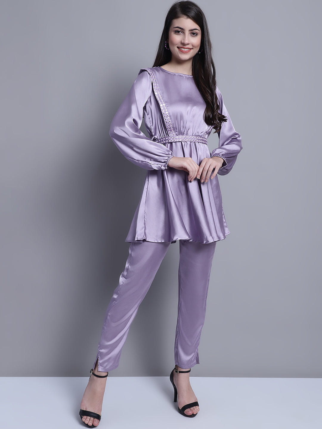 Jainish Women's WoEmbroidered A-line Top and Trouser With Belt - Purple | Grocsy