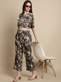 Jainish Women's Brown Printed Crop Top With Palazzos | Grocsy