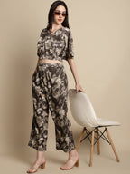 Jainish Women's Brown Printed Crop Top With Palazzos | Grocsy