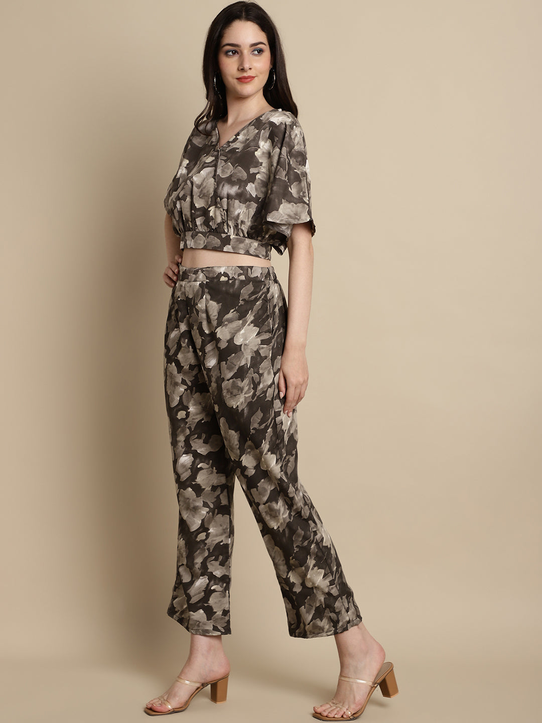 Jainish Women's Brown Printed Crop Top With Palazzos | Grocsy