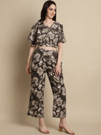 Jainish Women's Brown Printed Crop Top With Palazzos | Grocsy