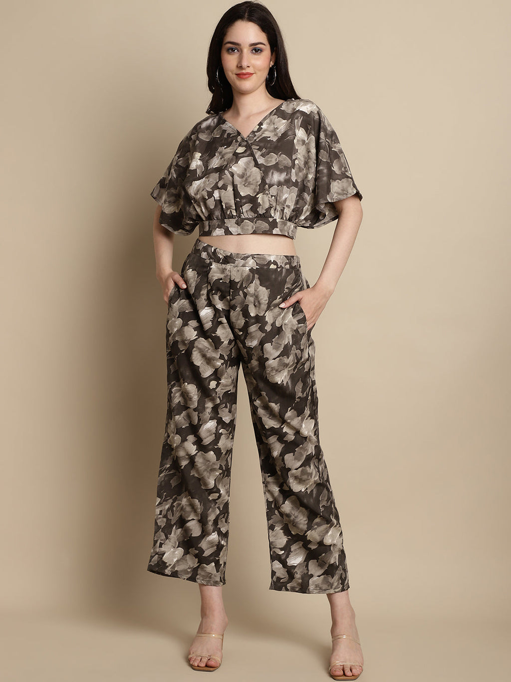 Jainish Women's Brown Printed Crop Top With Palazzos | Grocsy
