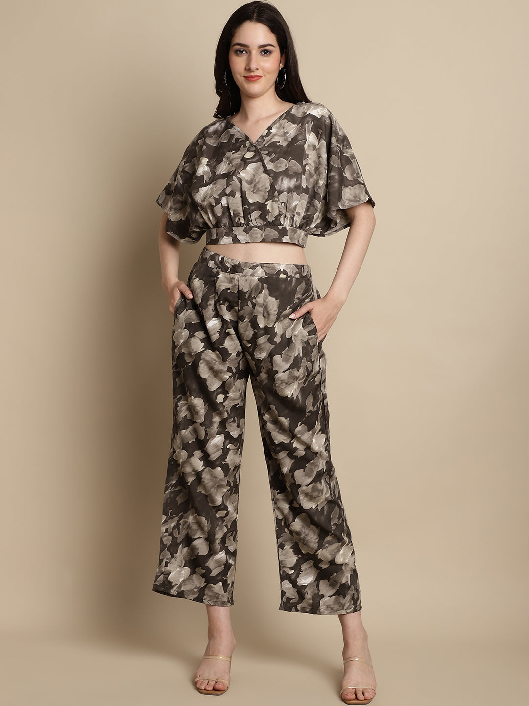 Jainish Women's Brown Printed Crop Top With Palazzos | Grocsy