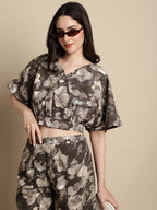 Jainish Women's Brown Printed Crop Top With Palazzos | Grocsy