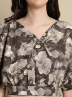 Jainish Women's Brown Printed Crop Top With Palazzos | Grocsy