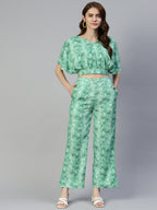 Jainish Women's Green Printed Crop Top With Palazzos | Grocsy