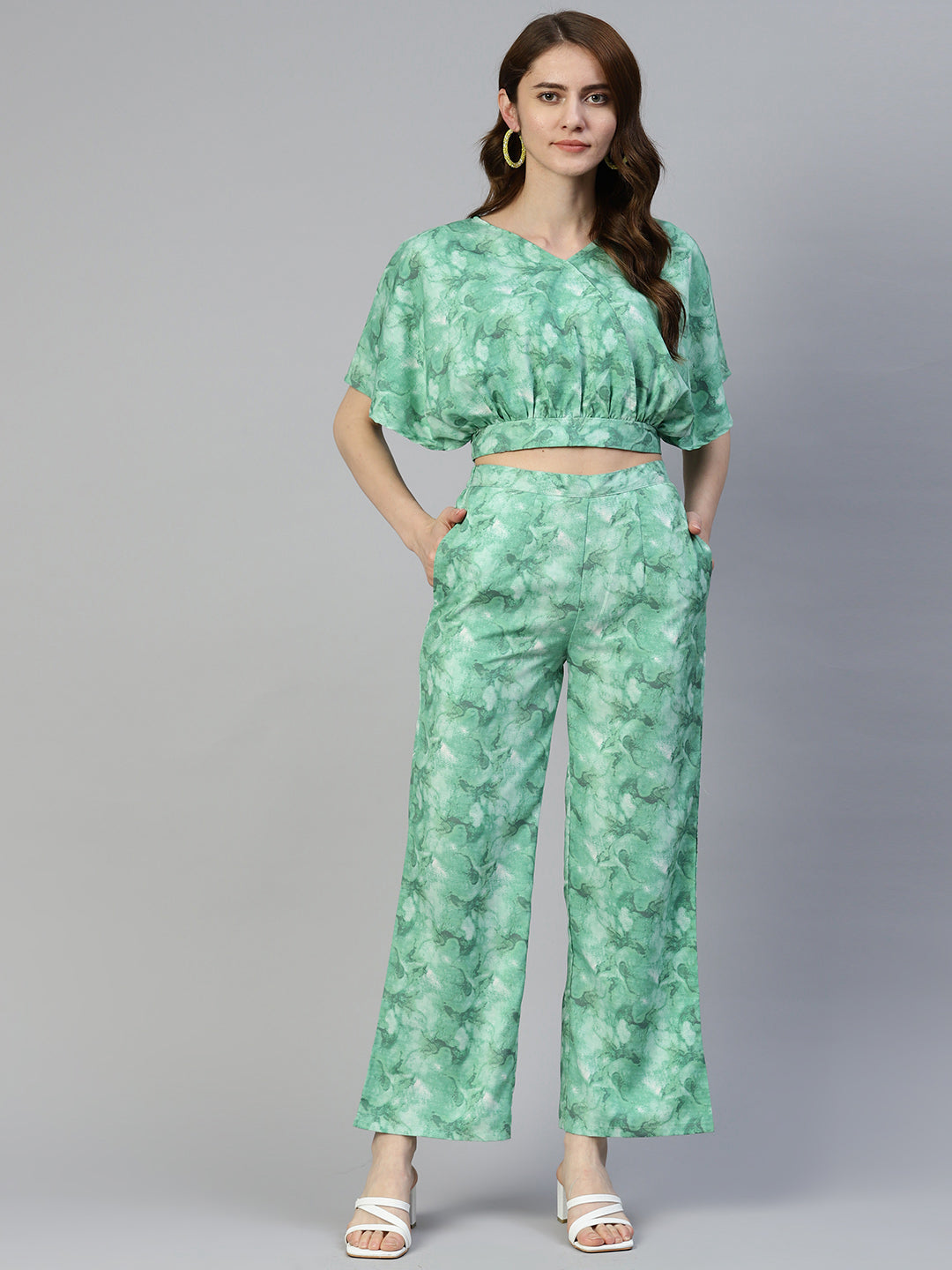 Jainish Women's Green Printed Crop Top With Palazzos | Grocsy