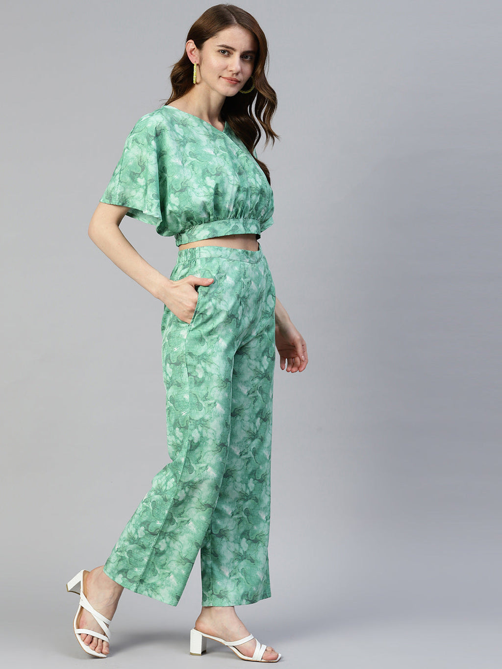 Jainish Women's Green Printed Crop Top With Palazzos | Grocsy