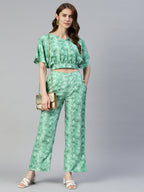 Jainish Women's Green Printed Crop Top With Palazzos | Grocsy