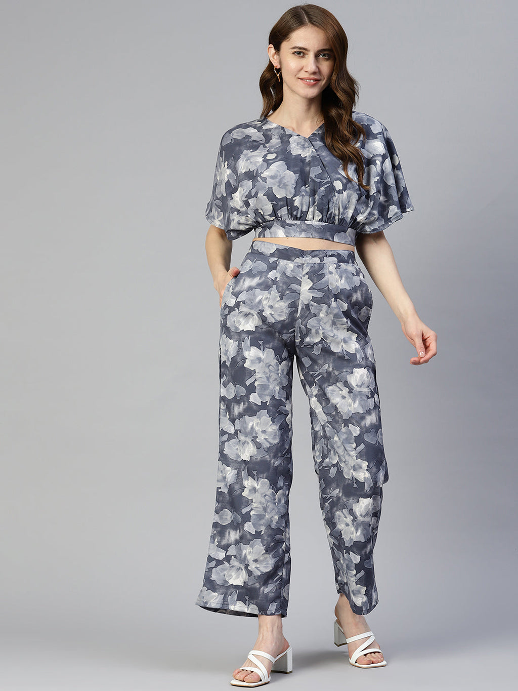 Jainish Women's Grey Printed Crop Top With Palazzos | Grocsy