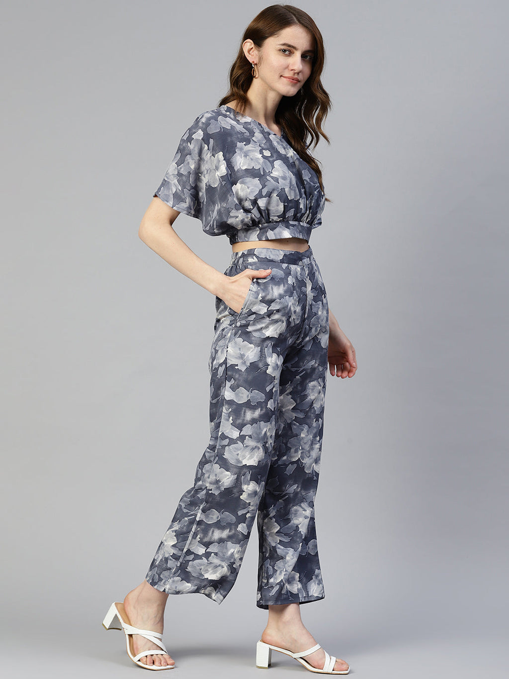 Jainish Women's Grey Printed Crop Top With Palazzos | Grocsy