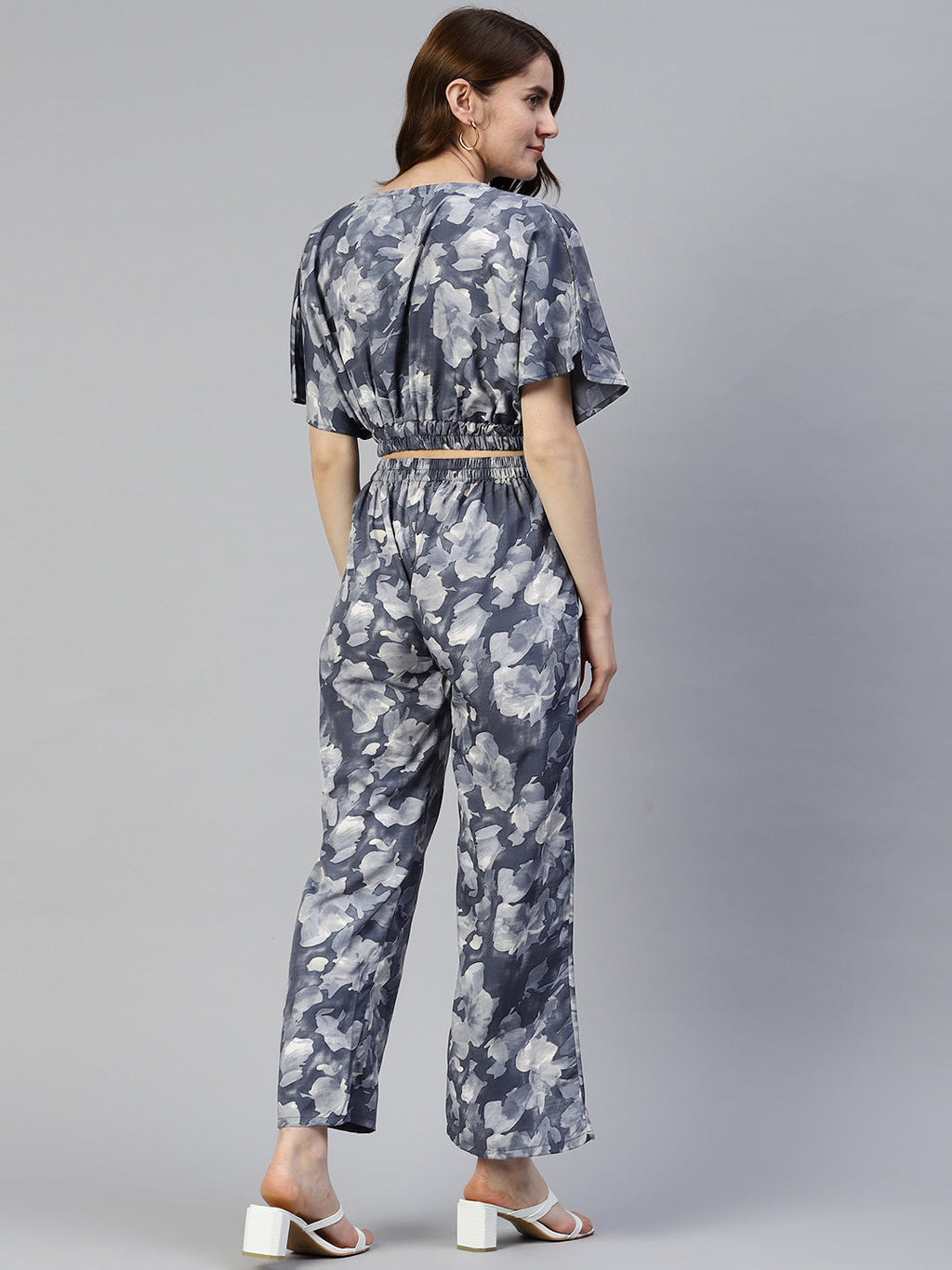 Jainish Women's Grey Printed Crop Top With Palazzos | Grocsy