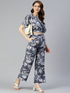 Jainish Women's Grey Printed Crop Top With Palazzos | Grocsy