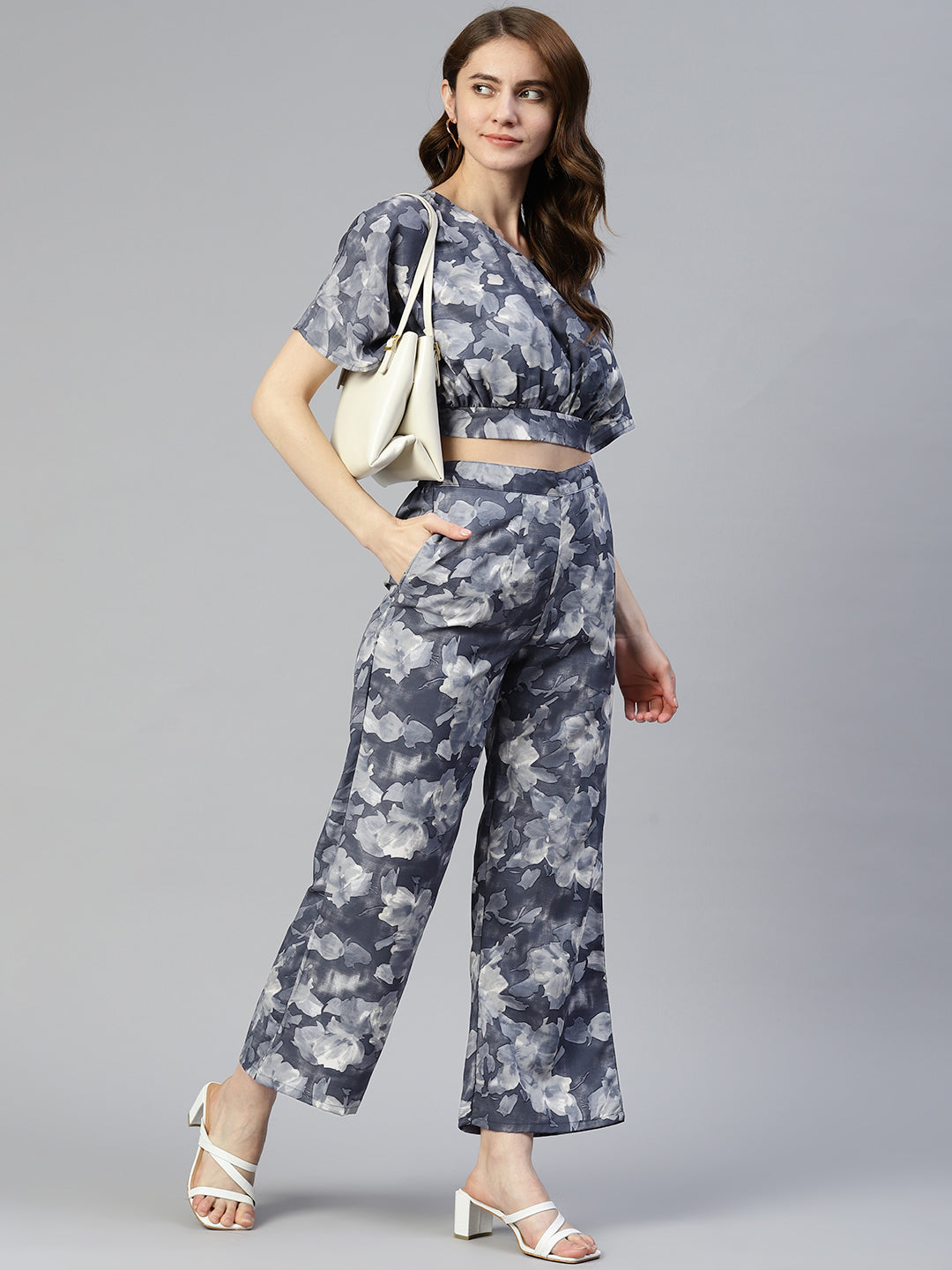 Jainish Women's Grey Printed Crop Top With Palazzos | Grocsy