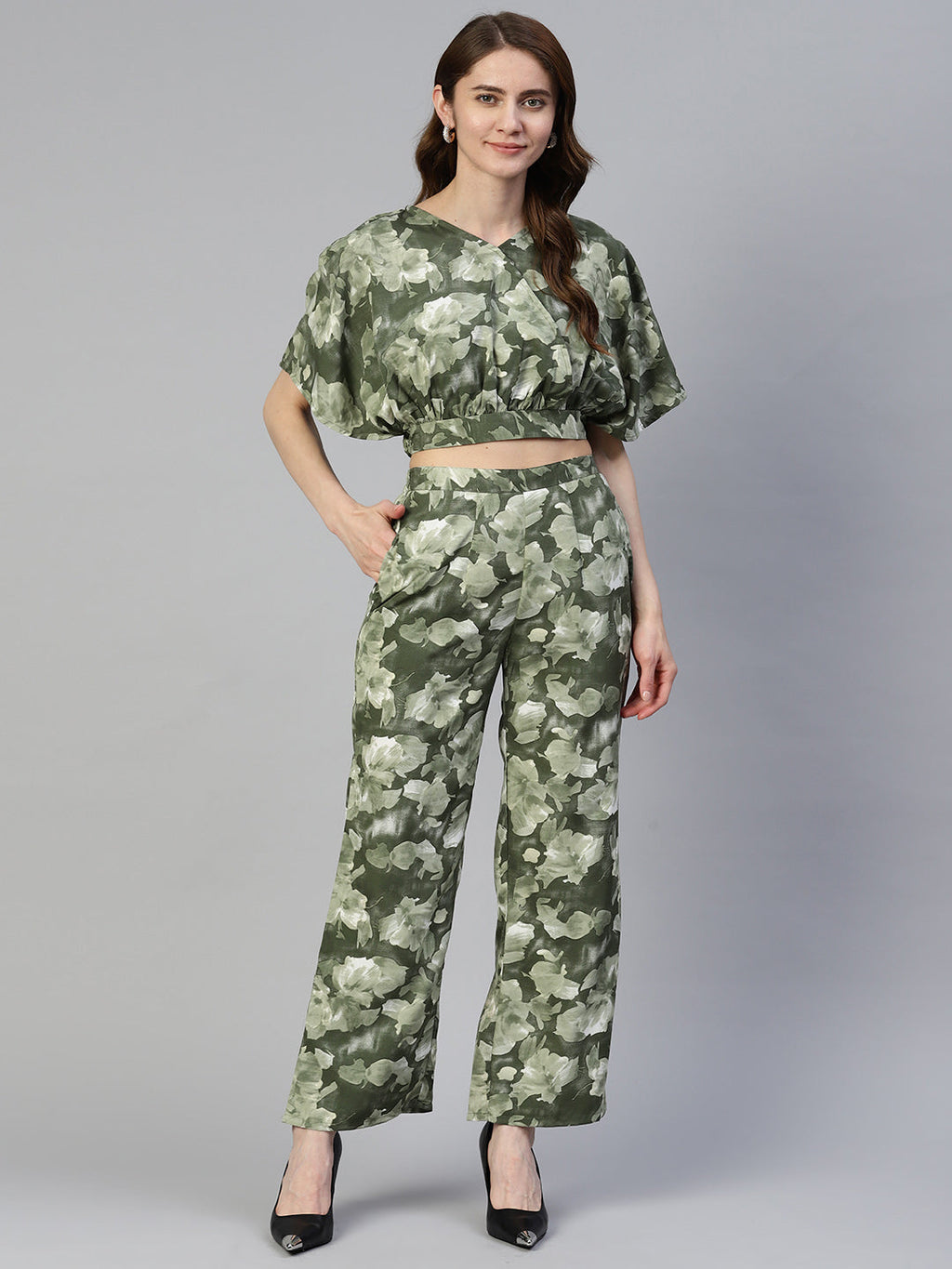 Jainish Women's Olive Green Printed Crop Top With Palazzos | Grocsy