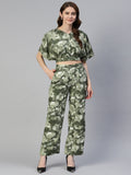 Jainish Women's Olive Green Printed Crop Top With Palazzos | Grocsy