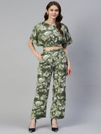 Jainish Women's Olive Green Printed Crop Top With Palazzos | Grocsy