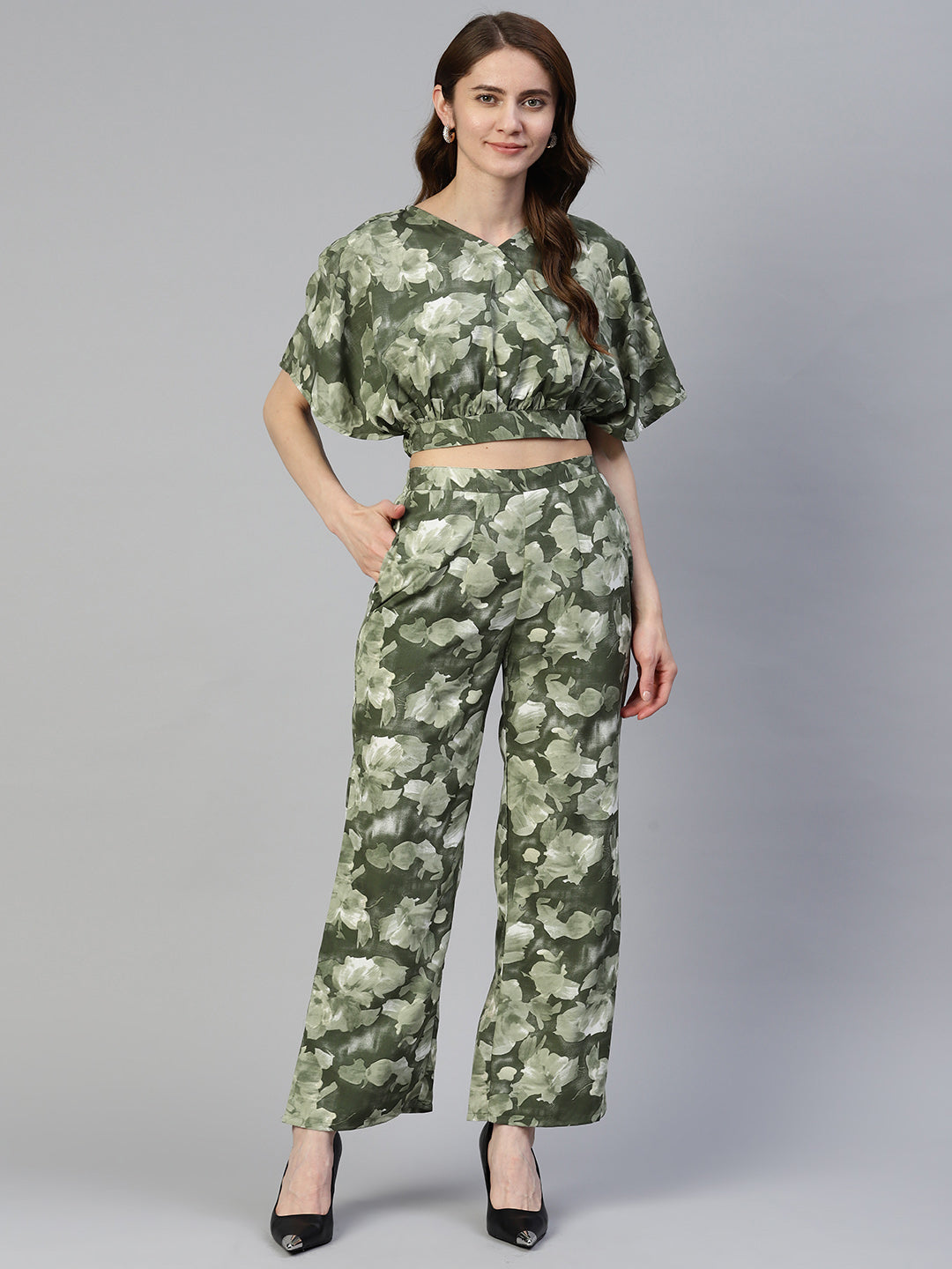 Jainish Women's Olive Green Printed Crop Top With Palazzos | Grocsy