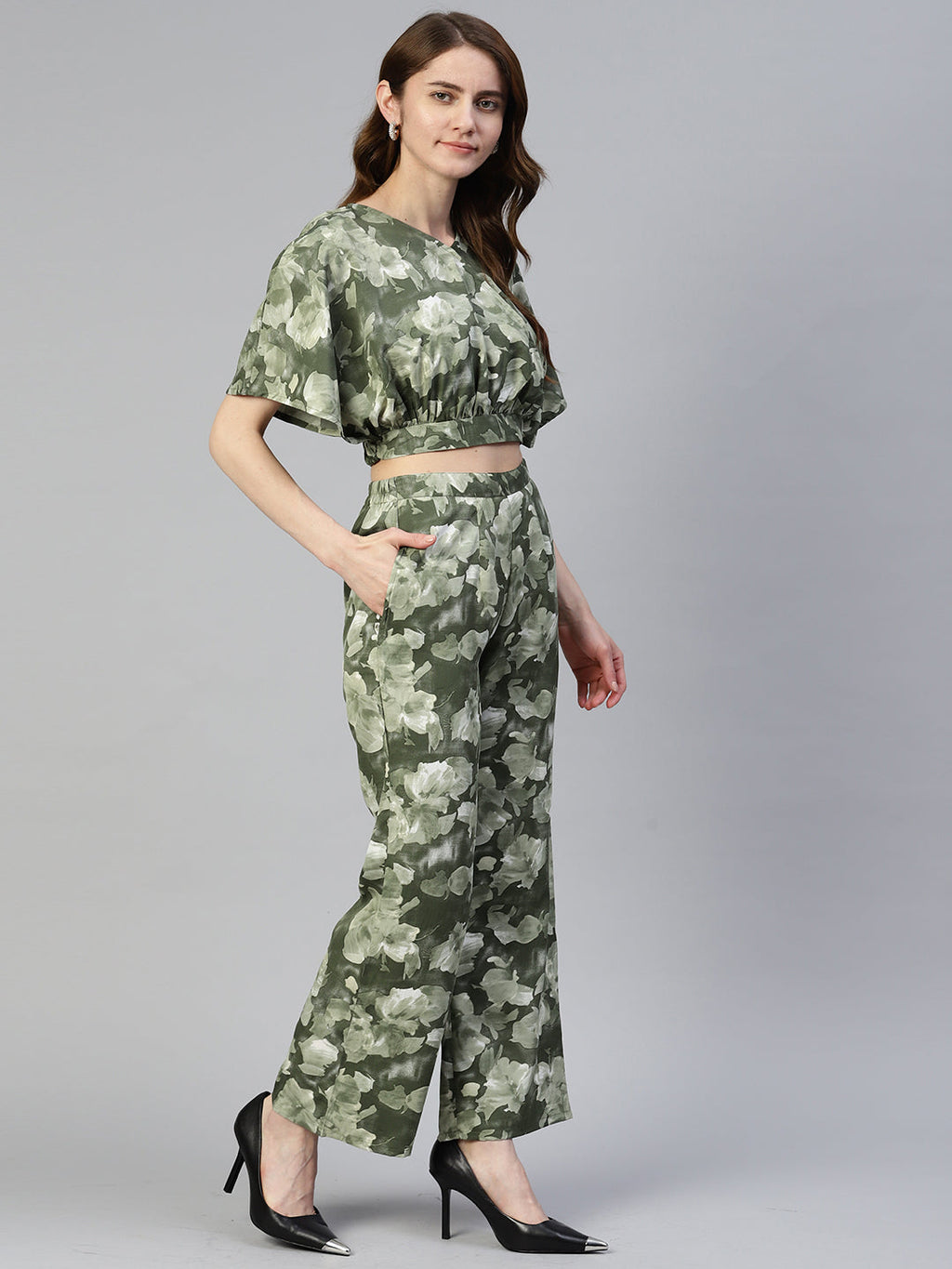 Jainish Women's Olive Green Printed Crop Top With Palazzos | Grocsy