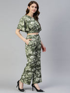 Jainish Women's Olive Green Printed Crop Top With Palazzos | Grocsy