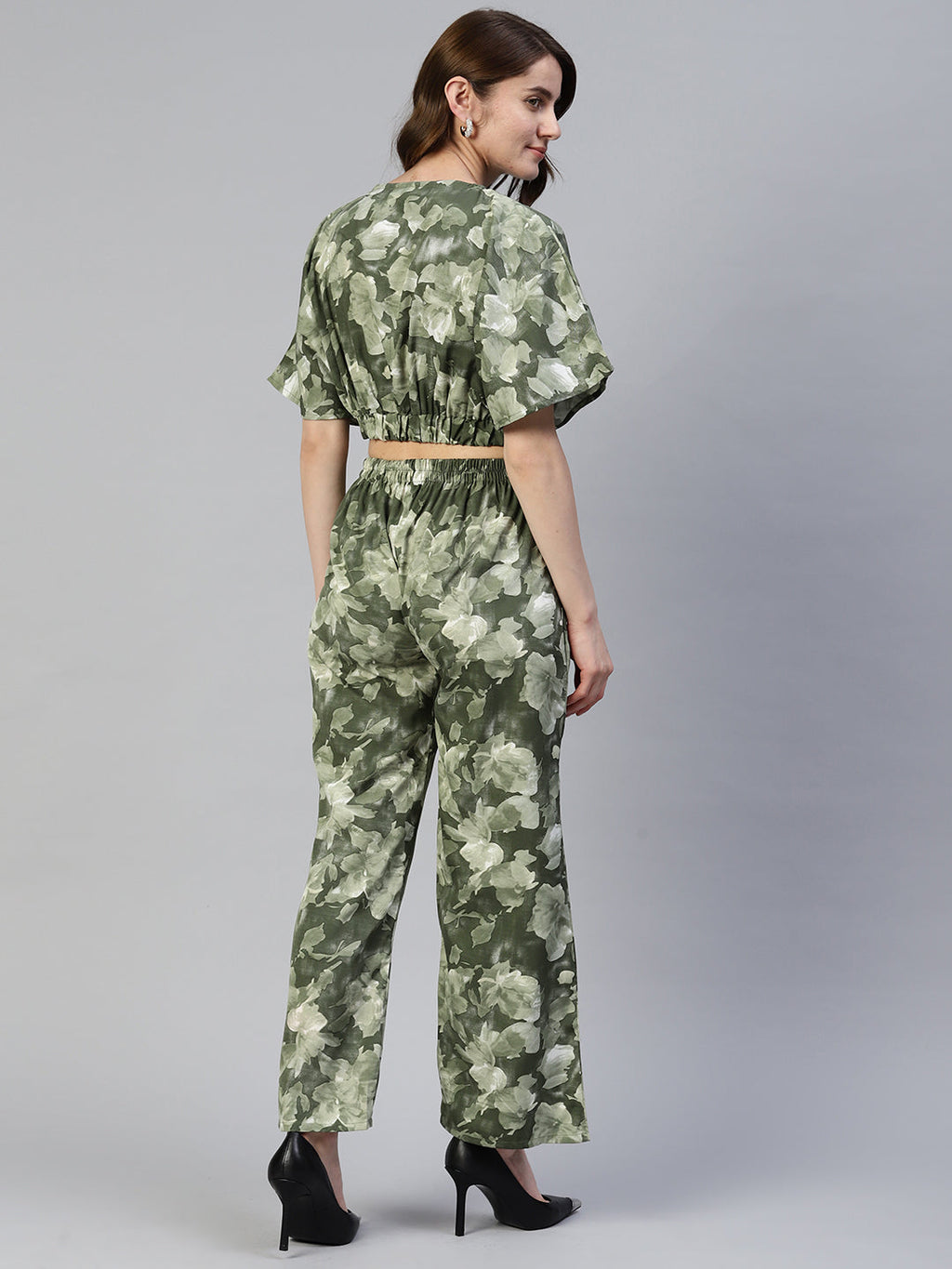 Jainish Women's Olive Green Printed Crop Top With Palazzos | Grocsy