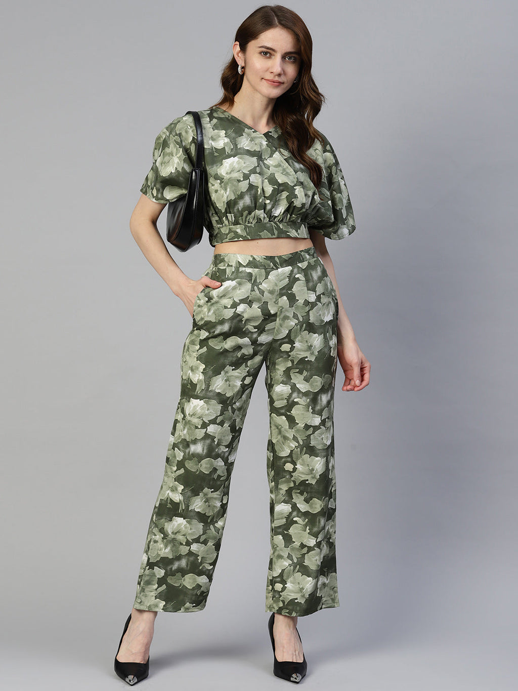 Jainish Women's Olive Green Printed Crop Top With Palazzos | Grocsy