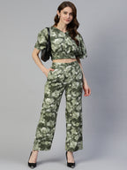 Jainish Women's Olive Green Printed Crop Top With Palazzos | Grocsy