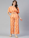 Jainish Women's Orange Printed Crop Top With Palazzos | Grocsy