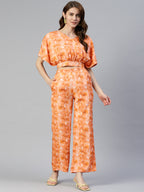 Jainish Women's Orange Printed Crop Top With Palazzos | Grocsy