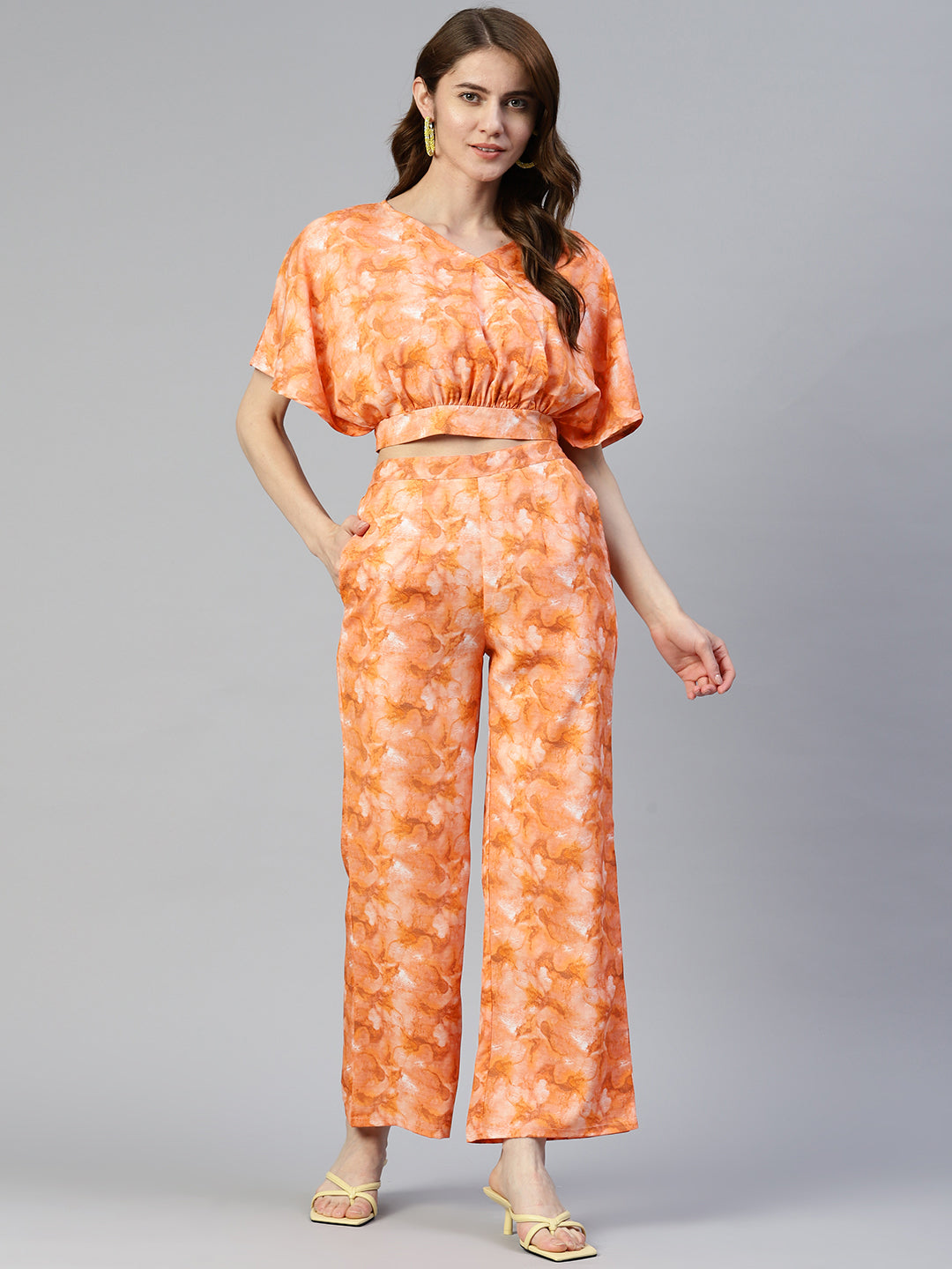 Jainish Women's Orange Printed Crop Top With Palazzos | Grocsy