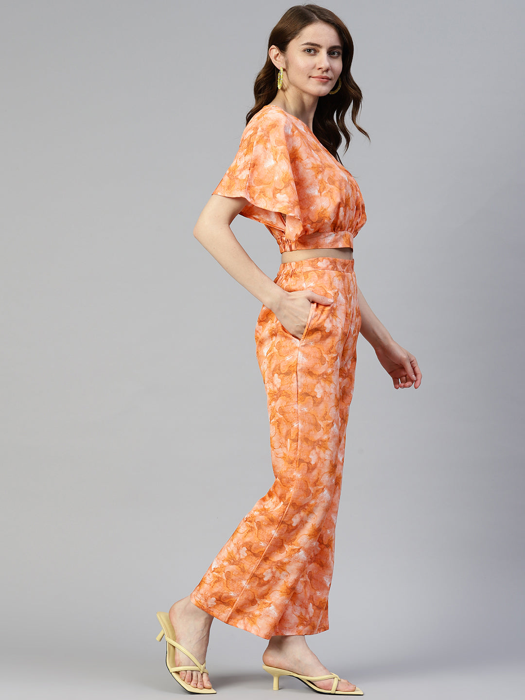 Jainish Women's Orange Printed Crop Top With Palazzos | Grocsy