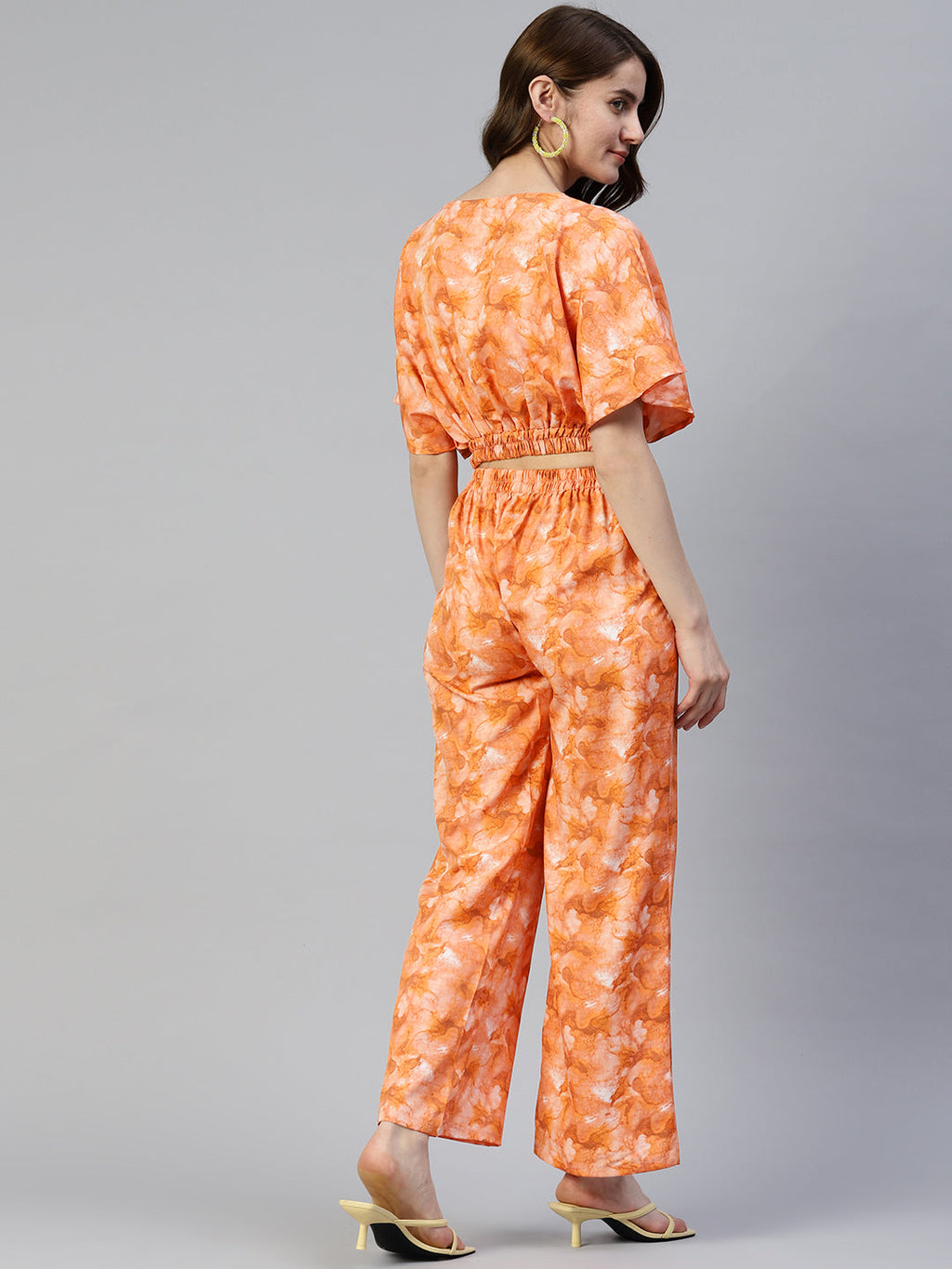 Jainish Women's Orange Printed Crop Top With Palazzos | Grocsy