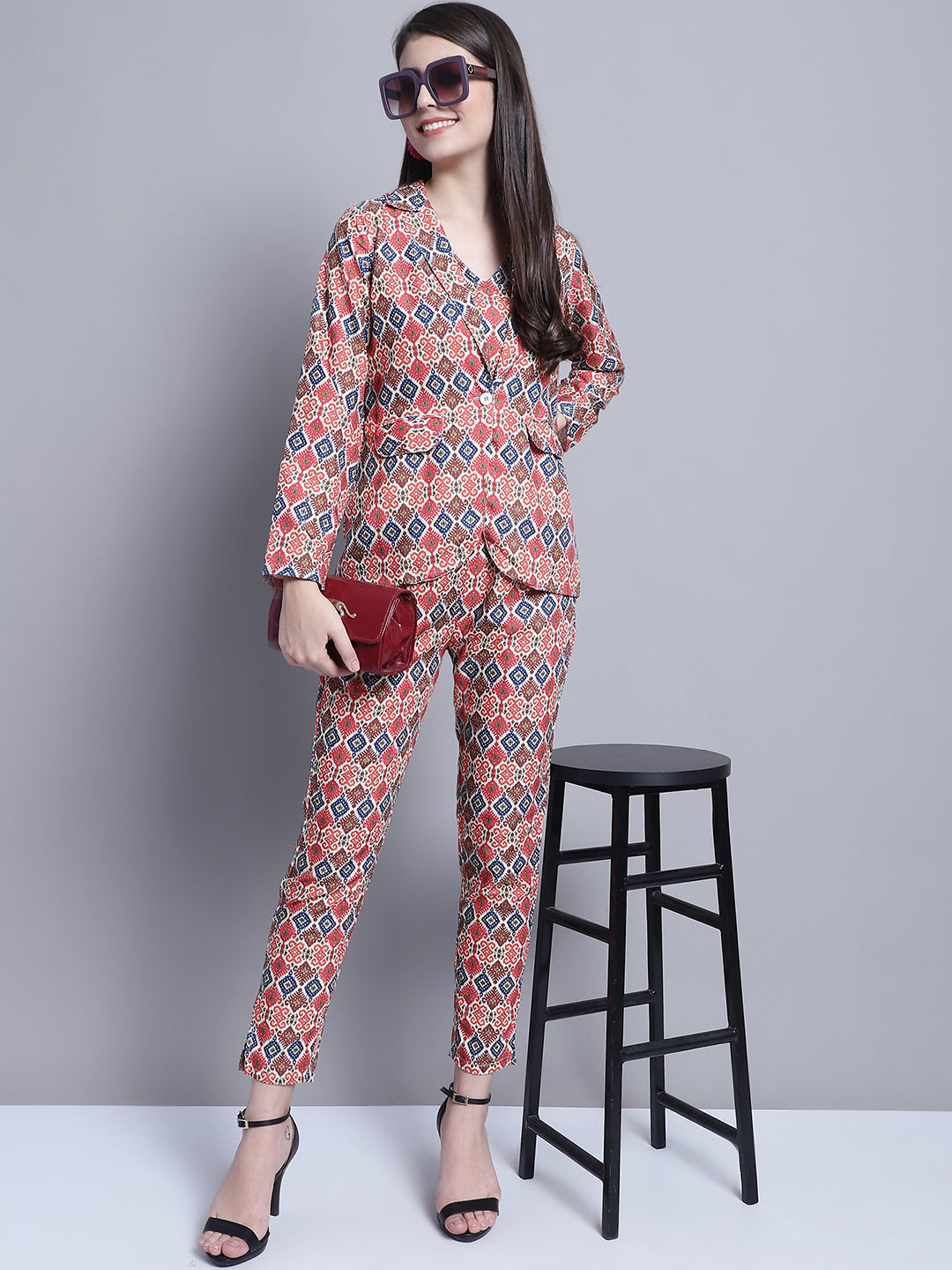 Jainish Women's WoDigital Printed Crop Top and Jacket Set - Red | Grocsy