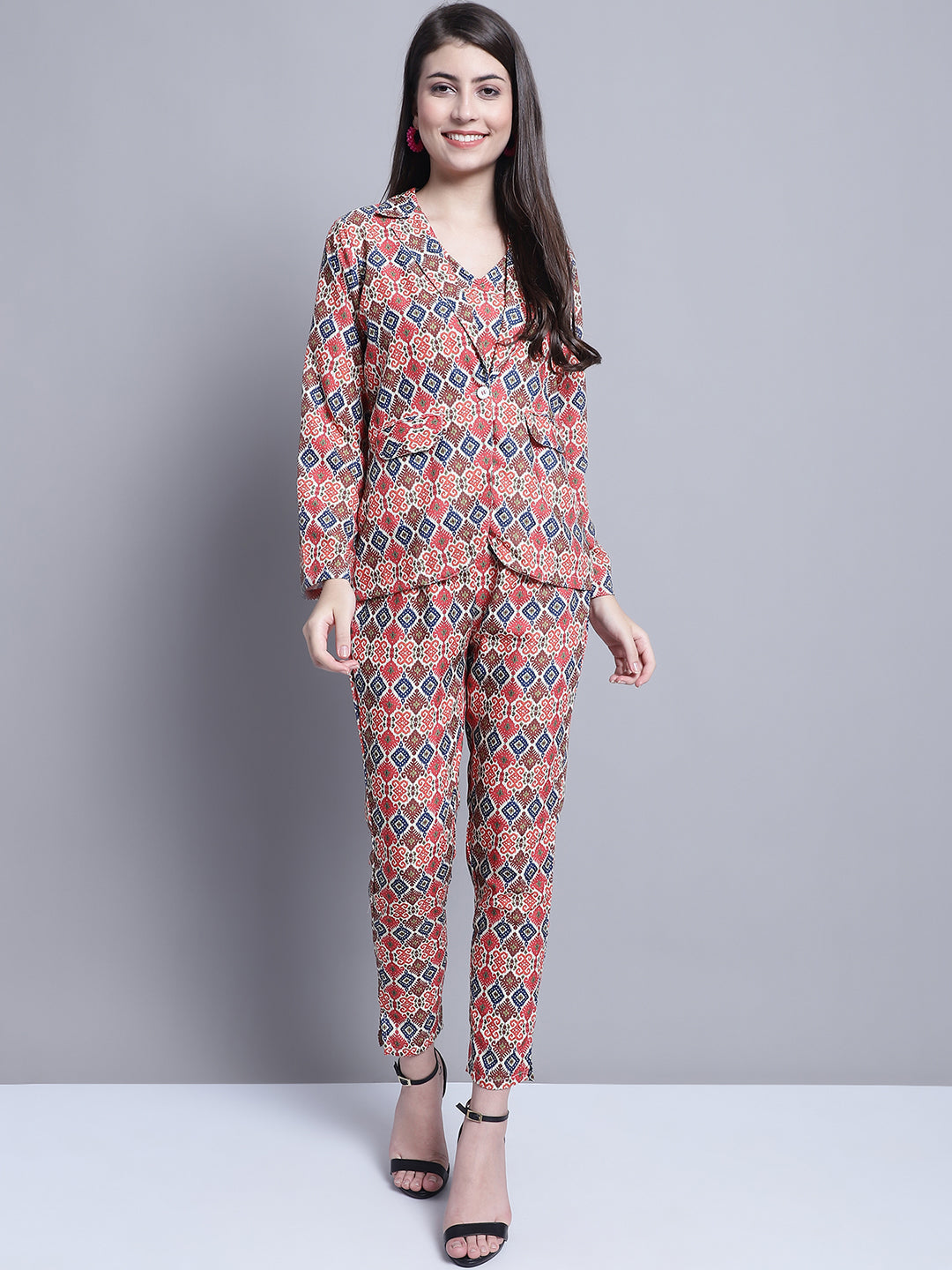 Jainish Women's WoDigital Printed Crop Top and Jacket Set - Red | Grocsy