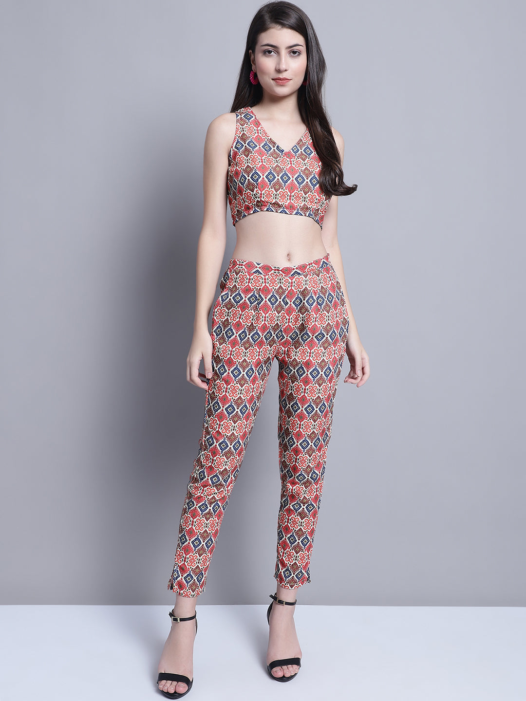 Jainish Women's WoDigital Printed Crop Top and Jacket Set - Red | Grocsy