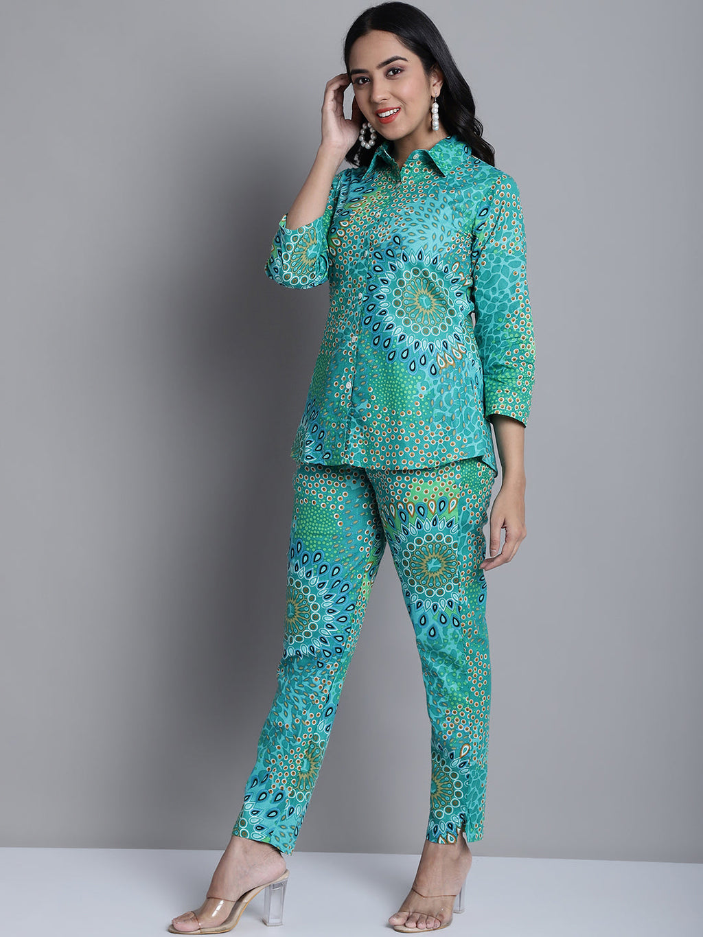 Jainish Women's WoGreen Printed Shirt and Trouser Co-ords Set | Grocsy