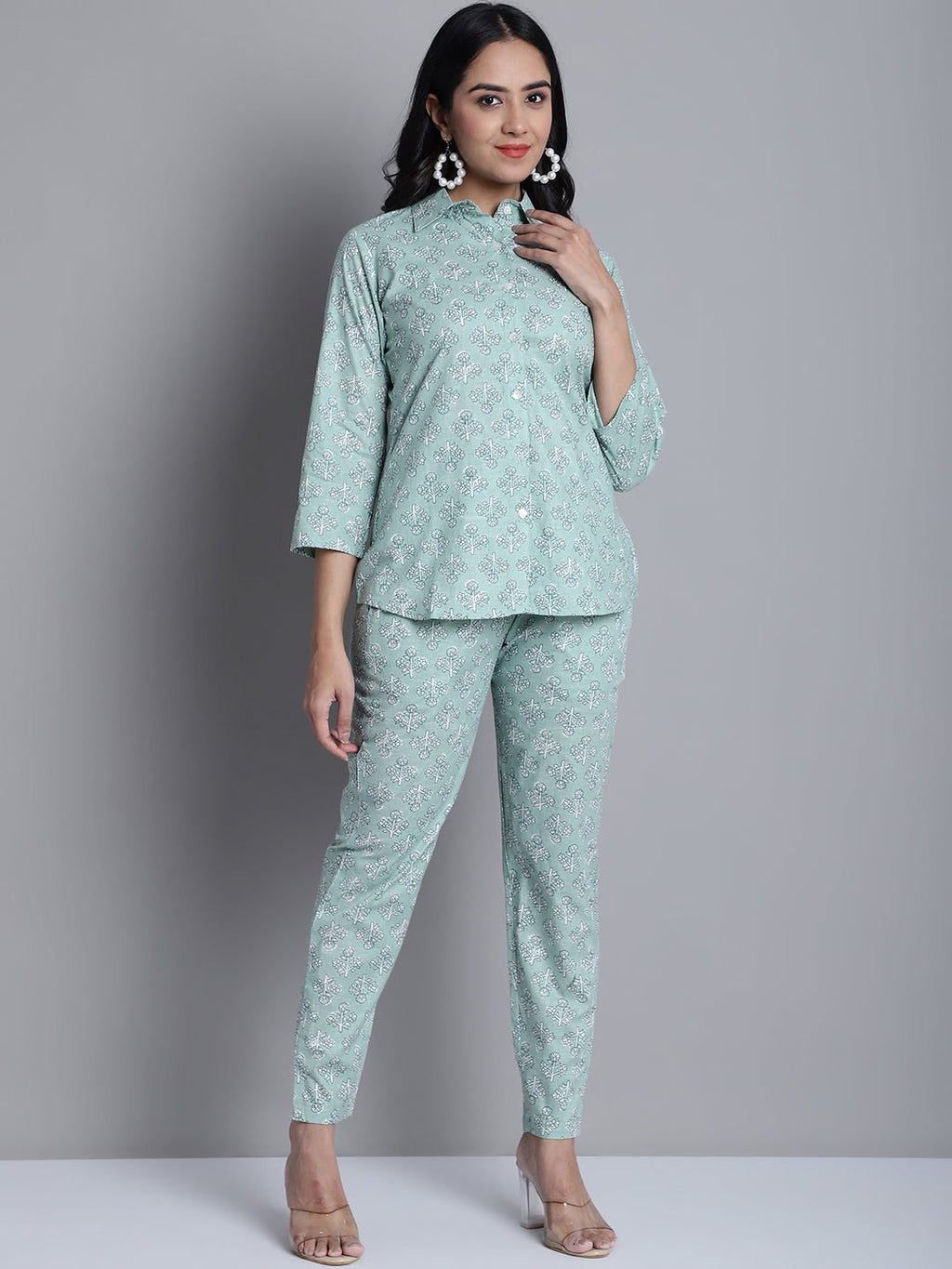 Jainish Women's WoLime Green Printed Shirt and Trouser Co-ords Set | Grocsy