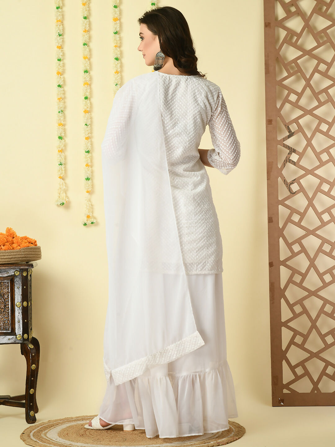 Myshka Women's White Georgette Kurti & Skirt With Dupatta Party Sets | Grocsy