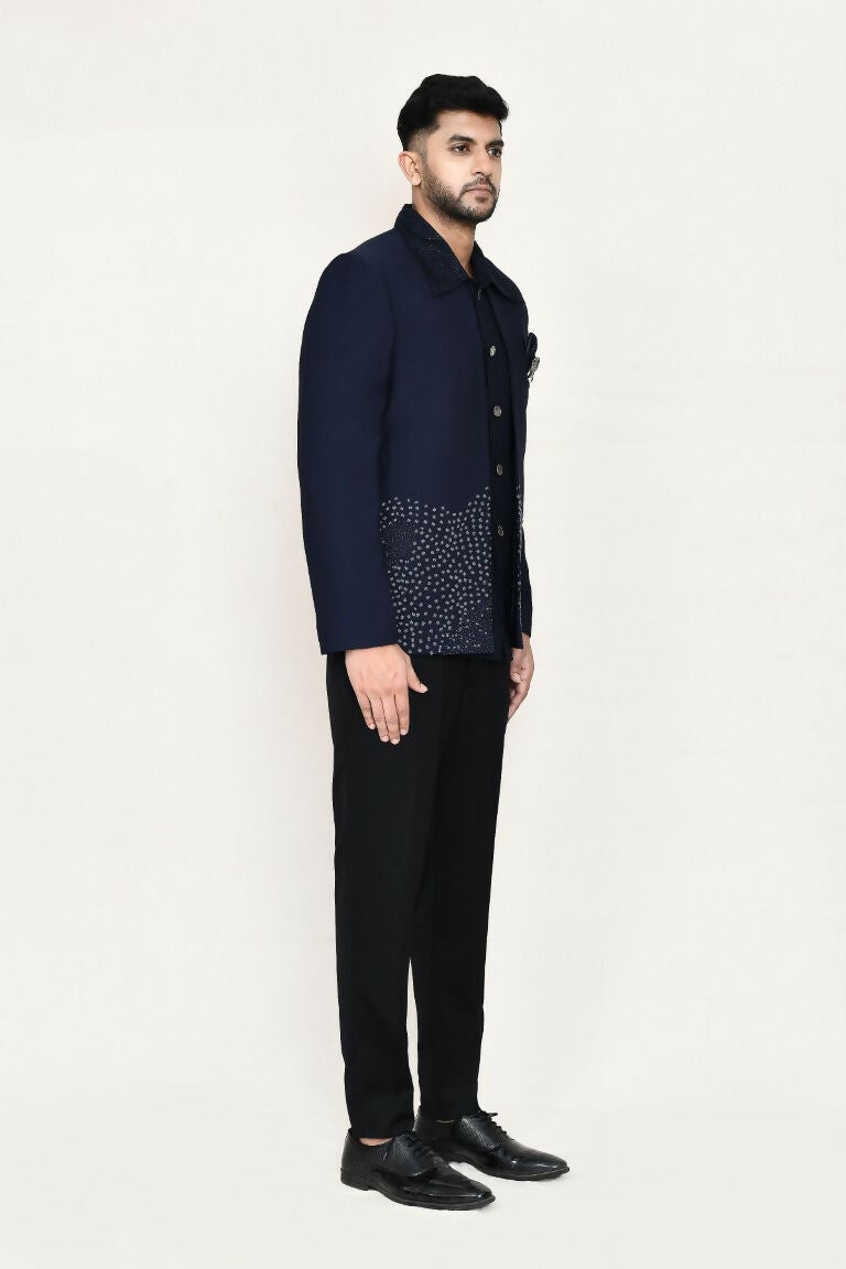 Joban Fashion Blue Colored Terry Rayon Based With Geometry Work Fabric Open Prince Coat, Jacket With Pant | Grocsy