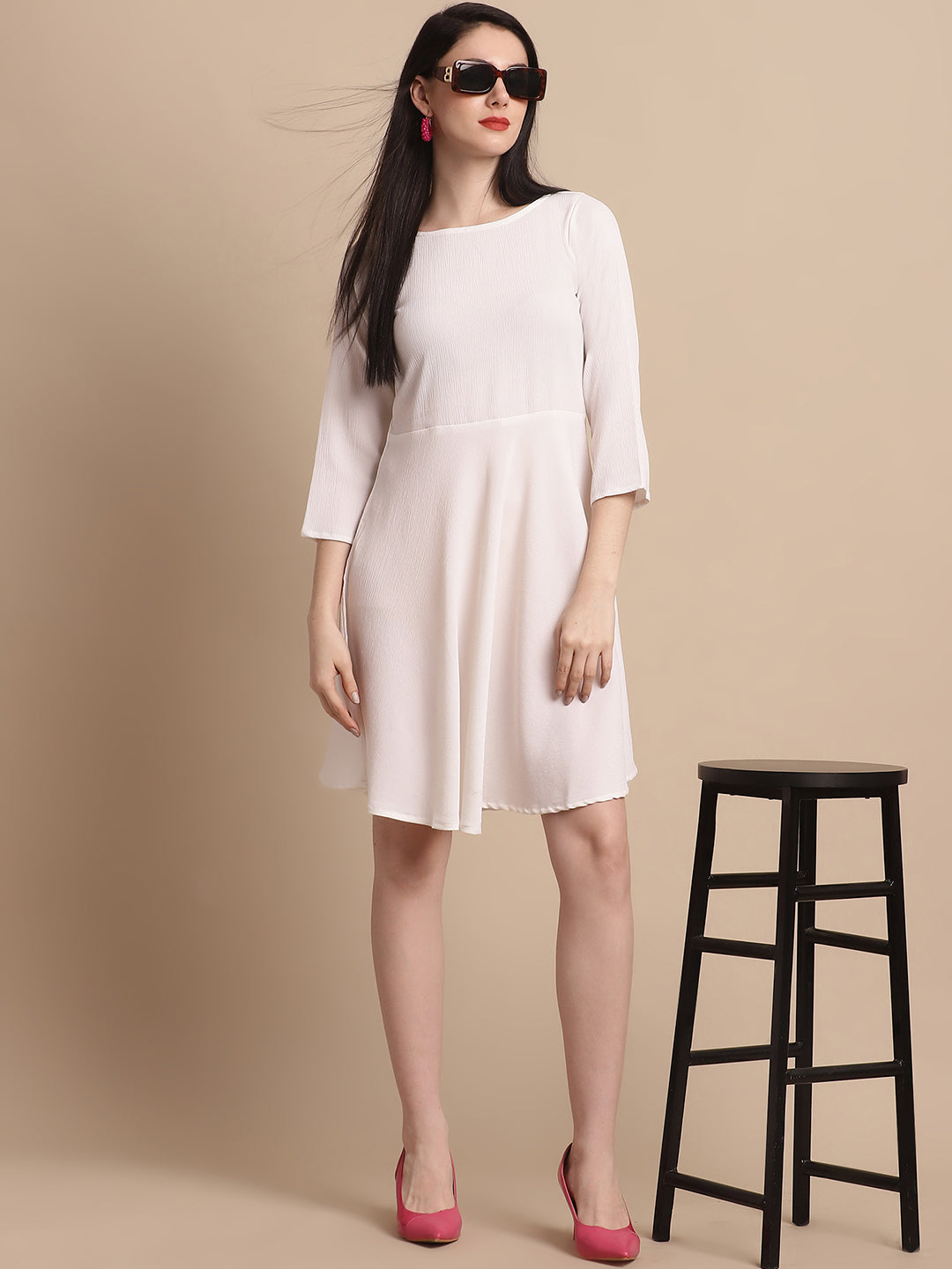 Jainish Women's White Solid A-Line Dress | Grocsy