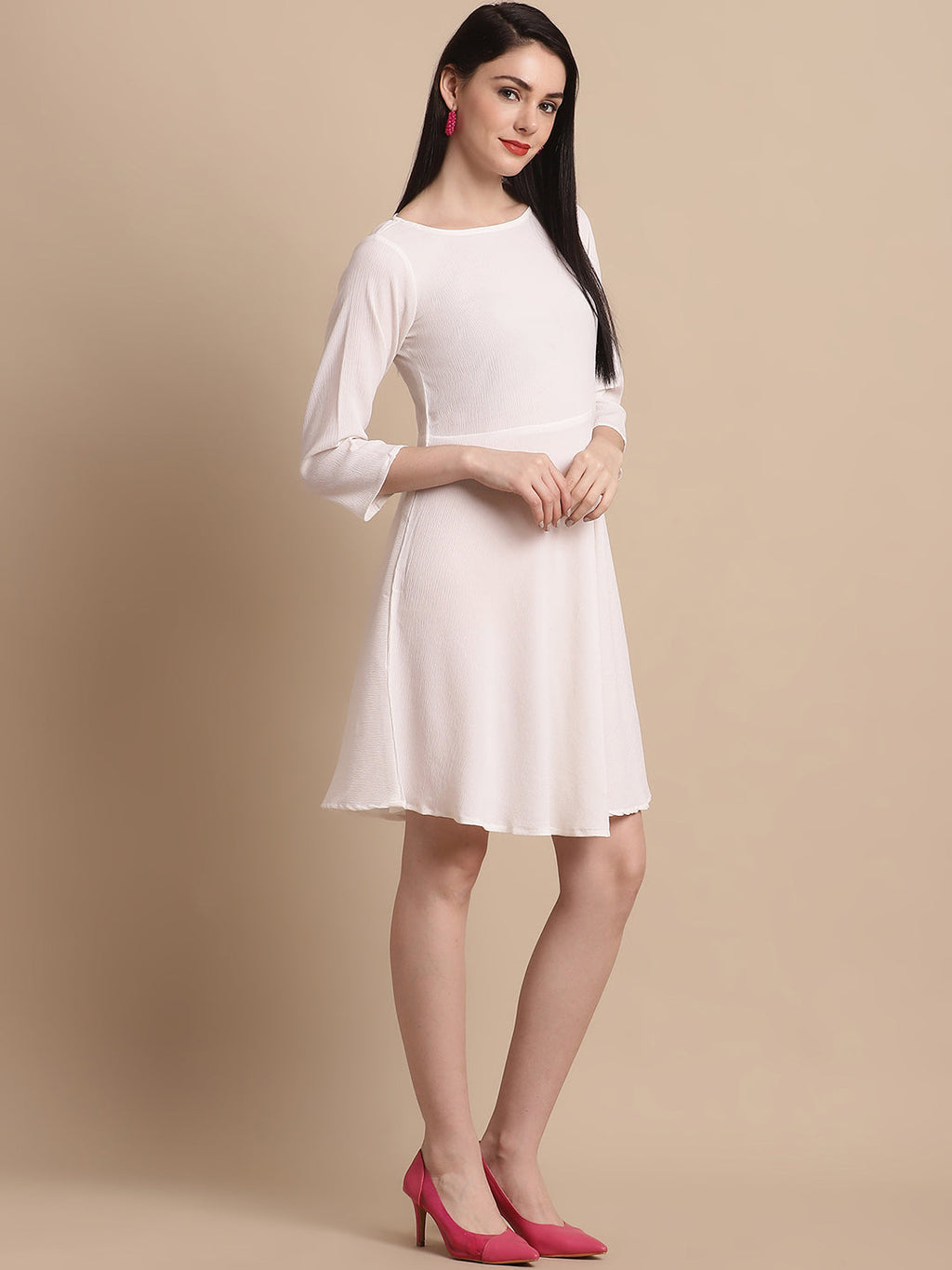 Jainish Women's White Solid A-Line Dress | Grocsy